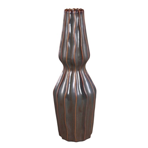 PTMD Deene Dark Brown ceramic glazed vase ribbed L