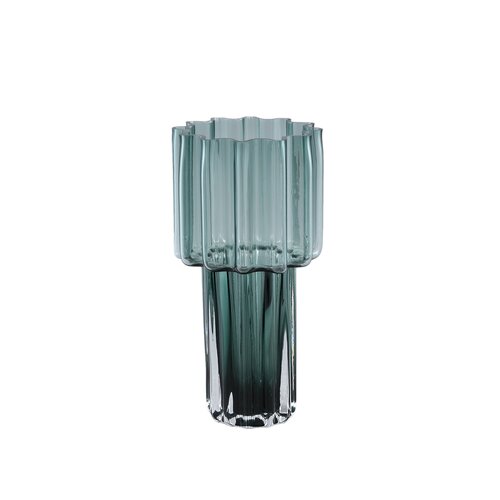 PTMD Maayan Green ribbed glass vase wide top round S - afbeelding 1