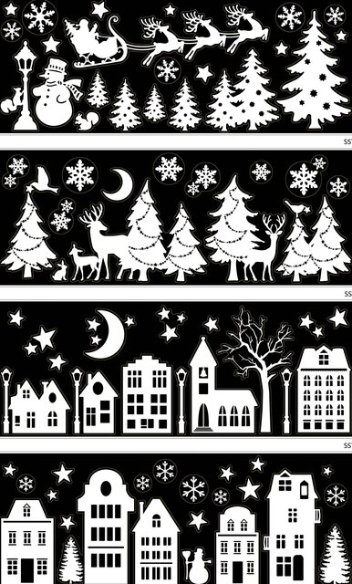 Raamstickers kerst 21x59cm 4 assorti wit/zwart