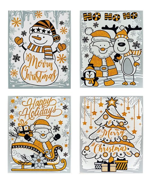 Raamstickers kerst 30x42cm 4 assorti goud/grijs