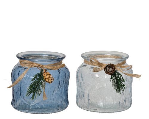 Decoris Theelichthouder glas transparent with jute bow 2col ass