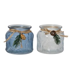 Decoris Theelichthouder glas transparent with jute bow 2col ass