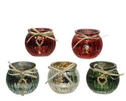 Theelichthouder glas strik 5 assorti