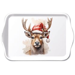 Tray melamine 13x21 cm Deer with Santa hat white