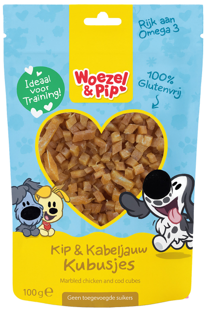 Woezel & Pip KIP EN KABELJAUW KUBUSJES 100 GRAM