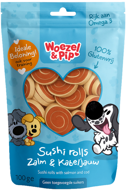 Woezel & Pip SUSHI ROLLS ZALM & KABELJAUW 100 GRAM